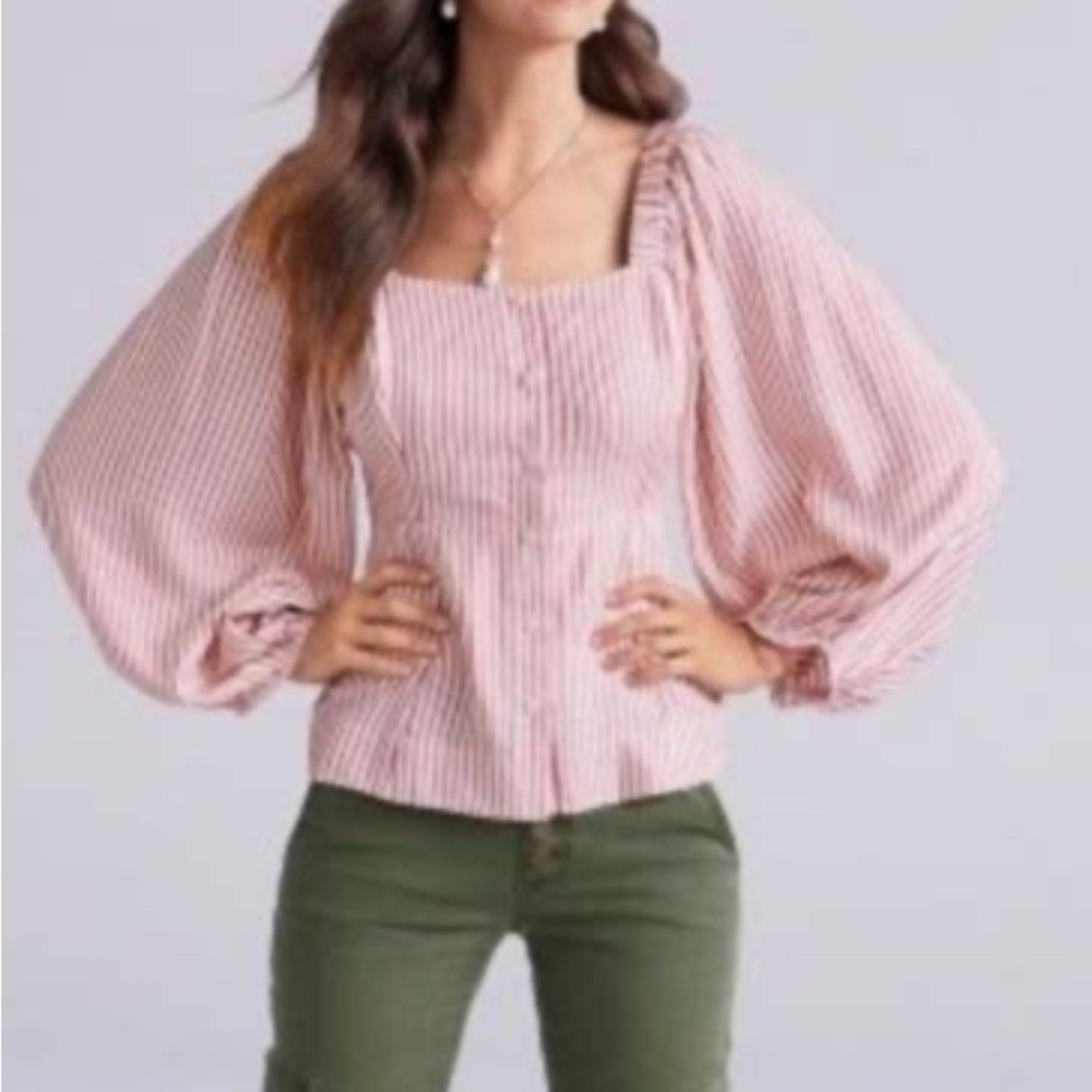 CAbi Red and White Striped Blouse with Puff Sleeves - Carnival Top